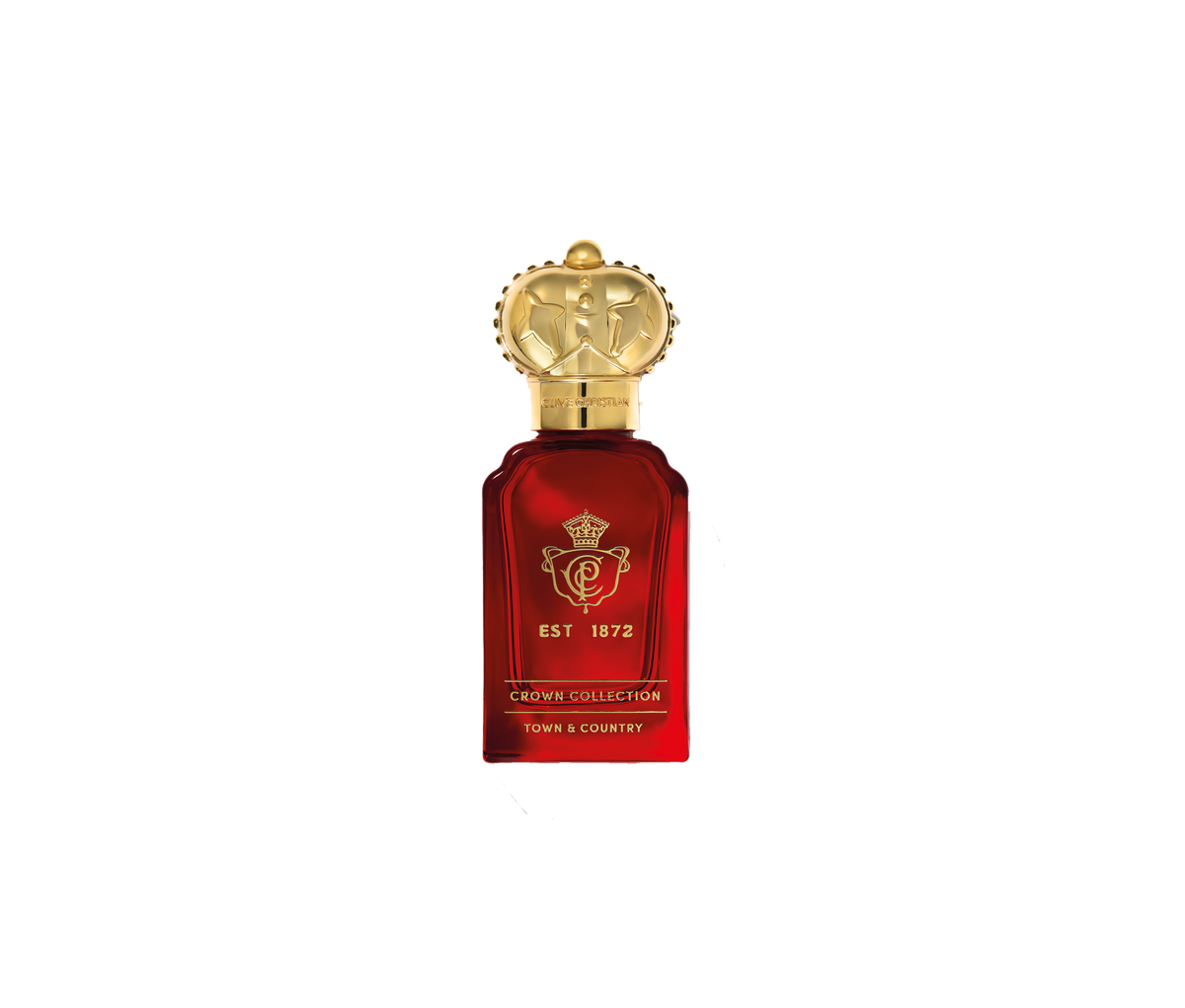 A red Clive Christian Town & Country perfume bottle, adorned with a gold crown top and logo, stands against a white background.