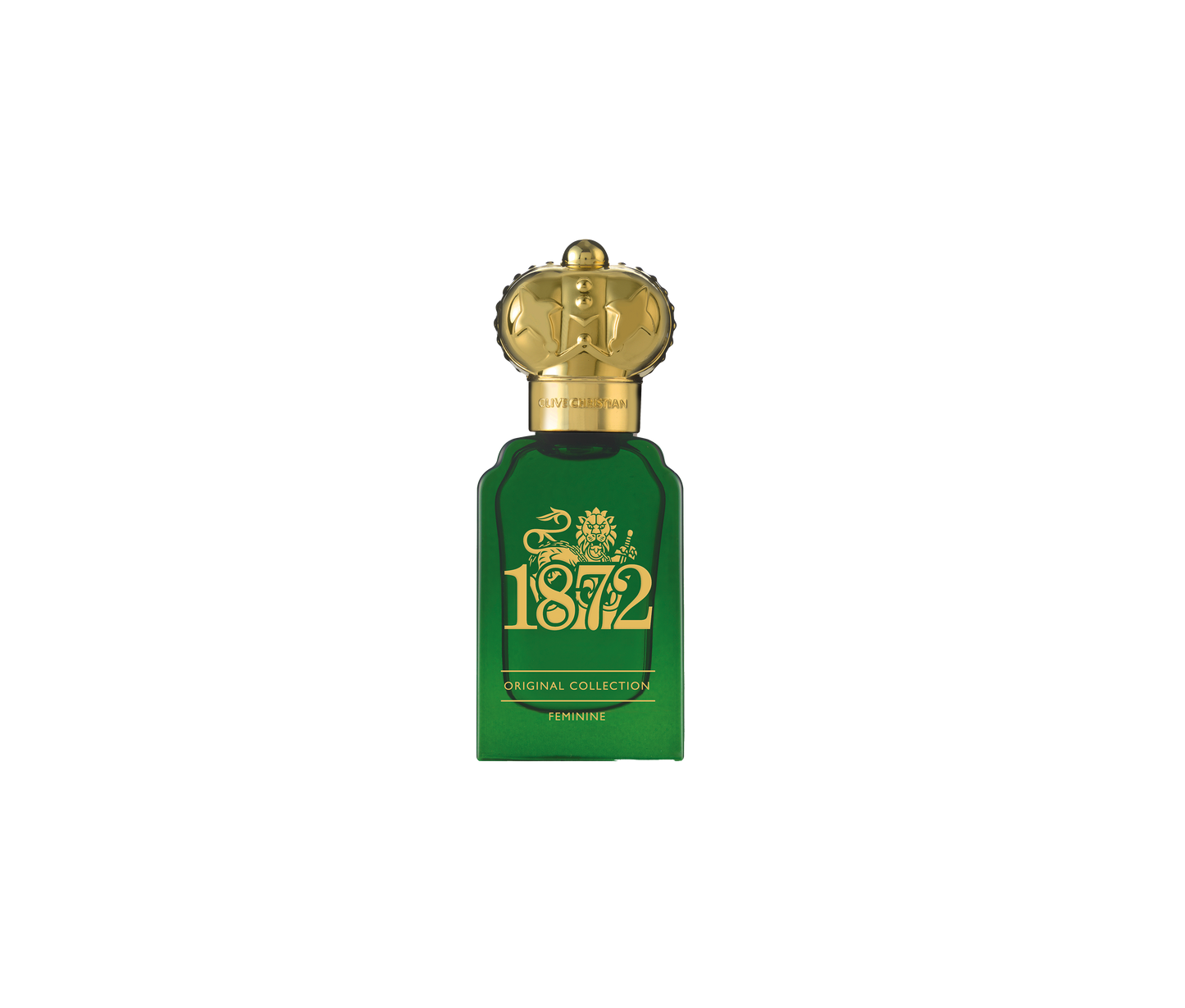 Clive Christian 1872 Feminine Original Collection perfume bottle with ornate gold top against a white background.