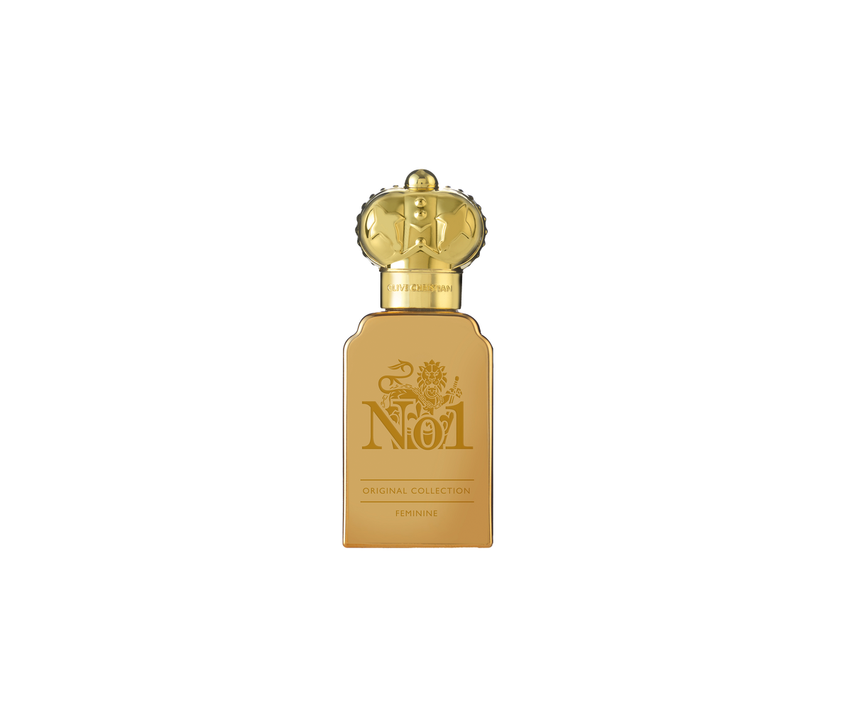 Gold bottle of Clive Christian No.1 Feminine perfume, featuring an ornate gold crown cap.