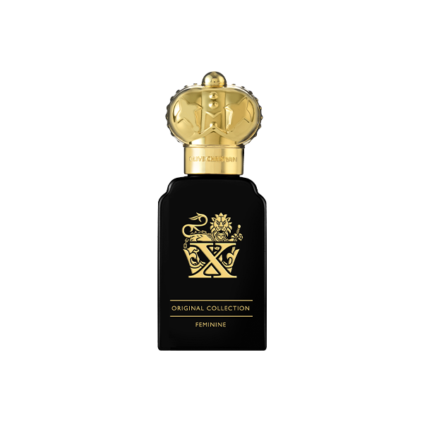 Clive Christian X Feminine Original Collection perfume bottle showcasing ornate gold crest on black glass. 
